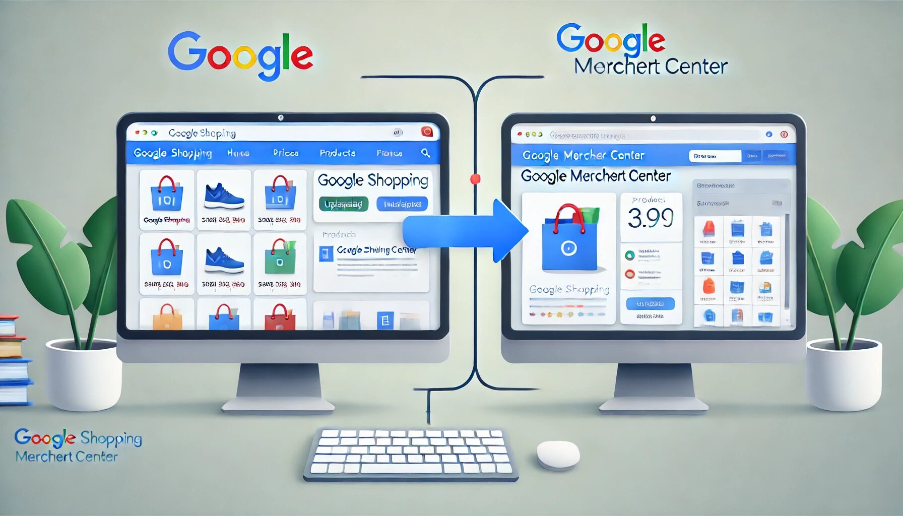 Ilustração comparando Google Shopping e Google Merchant Center, destacando suas funções e como se conectam para exibir produtos no Google.